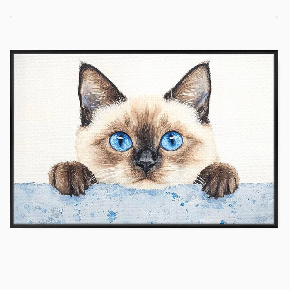 Tablou canvas cu tablou canvas cu pisica siameza si ochi albastrii, in rama de aluminiu negru